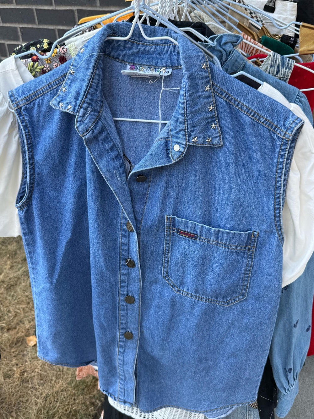 Vintage Blue Denim Sleeveless Button-Up Top with Stud Accents